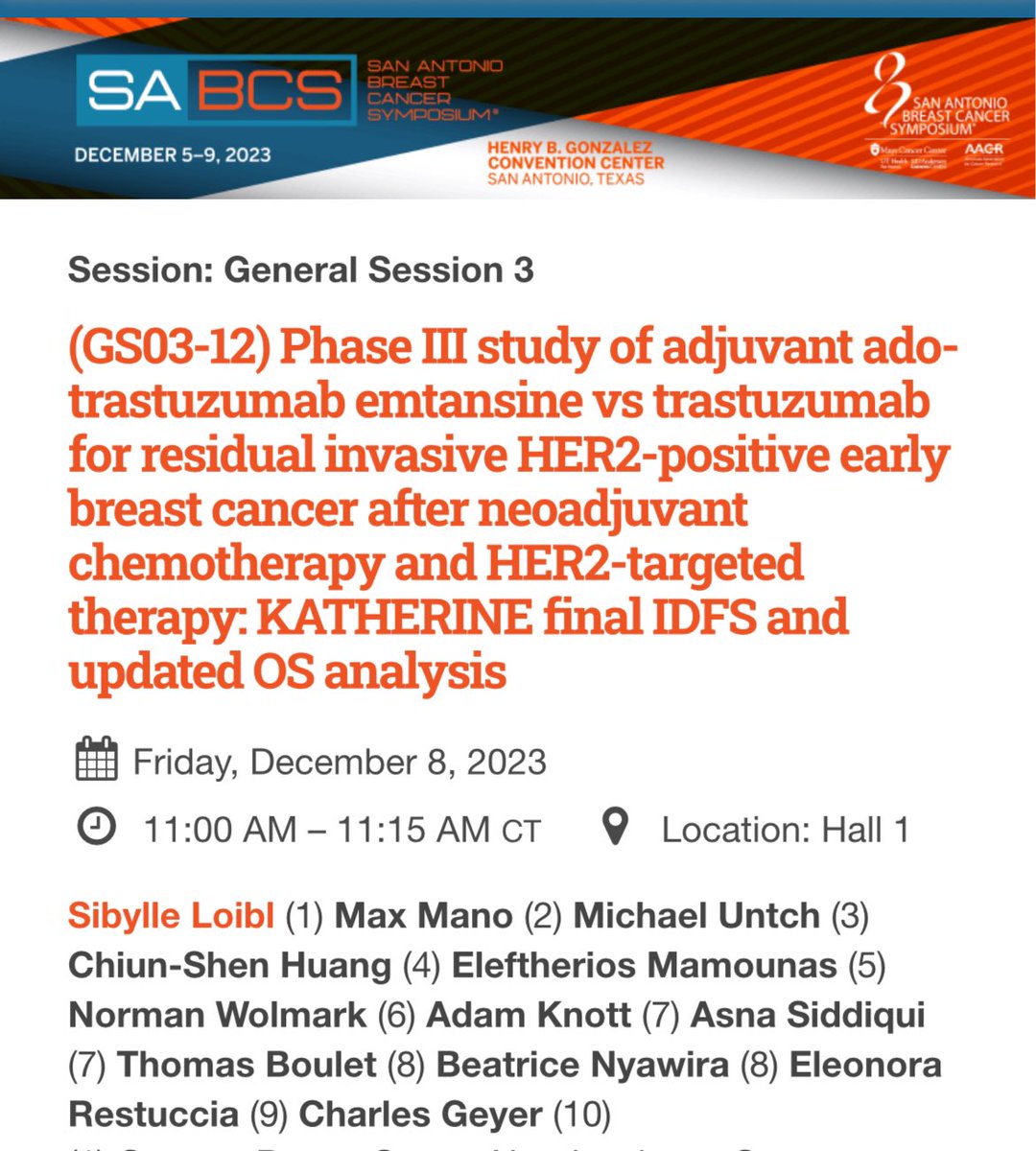 Interesting surprise from the #SABCS23 online program: final iDFS and updated OS analysis from KATHERINE to be presented at the congress. Important data to inform, and hopefully reinforce, a standard treatment paradigm.