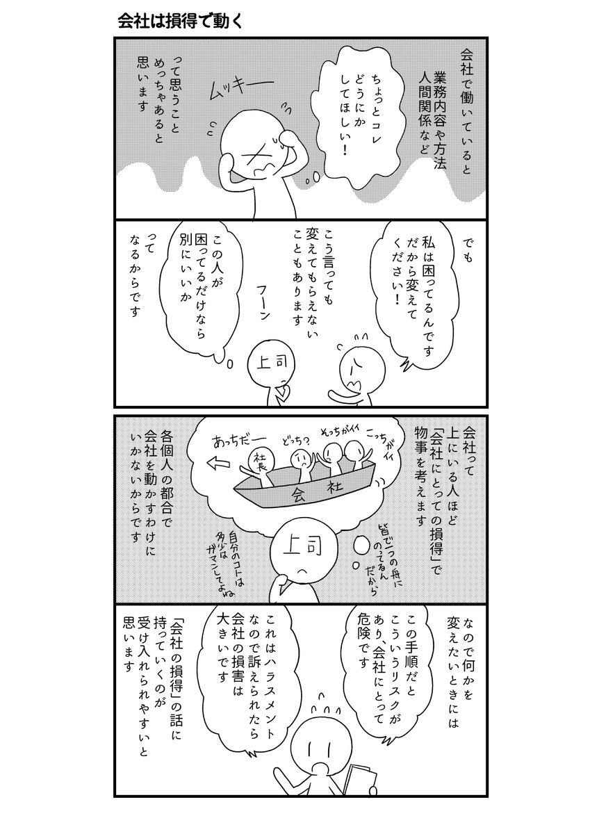 RT 前に描いた漫画。 会社は基本的に「従業員が困っている」では何もしてくれない。「会社が困ることになる」と判明して、ようやく動いてくれる(こともある)。