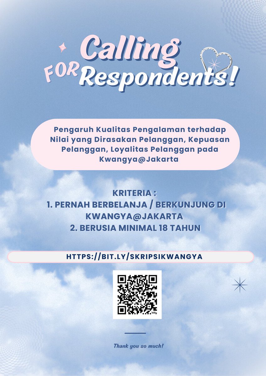 hi mentemen, aku butuh 200 responden untuk skripsiku. kalau dirasa sesuai kriterianya minta tolong bantuannya isi ya 😆 bit.ly/SkripsiKwangya ini link kuesionernya! terimakasih banyak 🥹🙏🏻