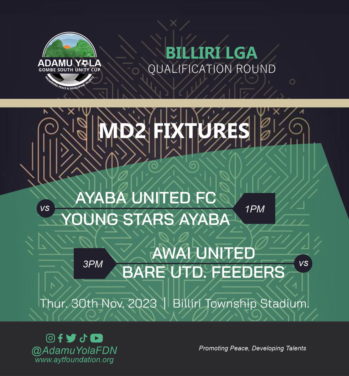 AdamuYolaFDN's tweet photo. Another center comes alive today!

The Ayaba derby will be at the Billiri Township Stadium.

FC Radiant will fight for survival against debutant Kere United.

Kulishin United and Fada United will kick-start Shongom LGA.

Mouth-watering games in each of the centers. https://t.co/5h6YjKDPPo