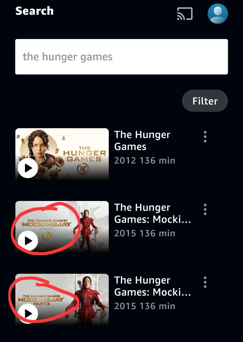 apidhnr's tweet photo. @primevideoid Min kok ini di Prime Video, hunger games mockingjay part 2 dobel begini? Yg mockingjay part 1 nya malah nggak ada, The Hunger Games yg pertama juga ada dobel tadi.

Udah di klik dua2nya tetep aja isinya itu Mockingjay part 2. https://t.co/KPtsM3lacW