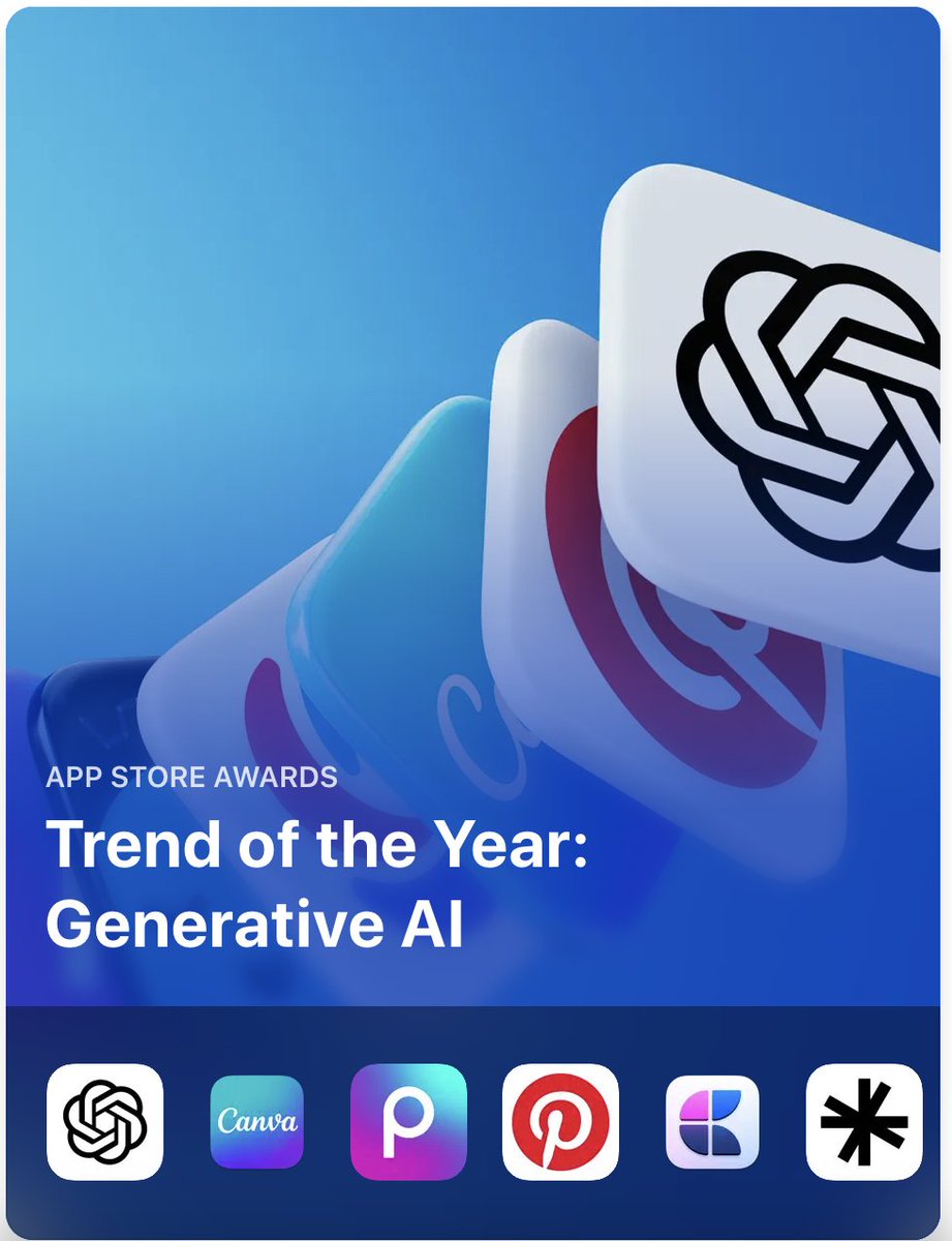 Apple App Store Awards 2023: Generative AI has been named as the Trend of the Year.

iPhone App of the Year: AllTrails
iPad App of the Year: Prêt-à-Makeup
Mac App of the Year: Photomator
Apple TV App of the Year: MUBI
Apple Watch App of the Year: SmartGym

iPhone Game of the