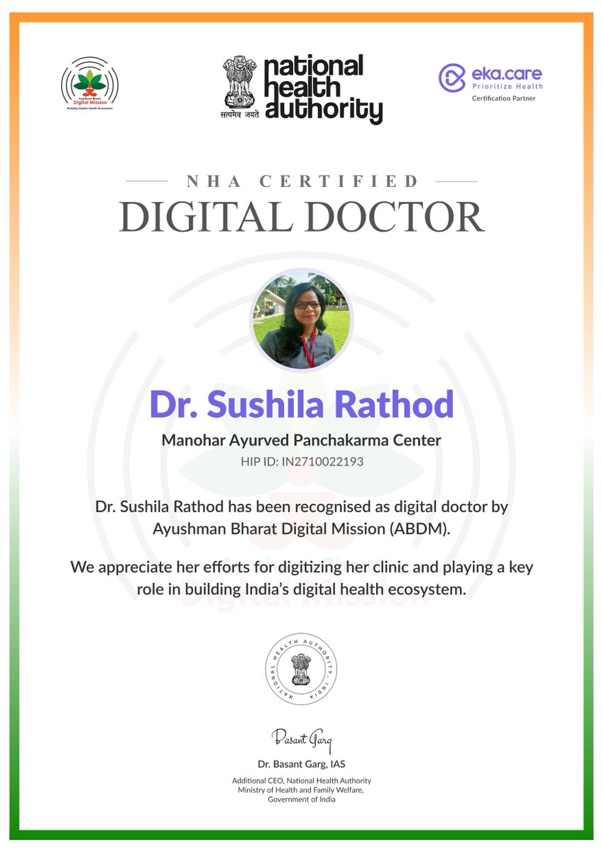 ekacareHQ's tweet photo. Congratulations Dr. Sushila Rathod on receiving the certificate of recognition from #NHA for becoming an #ABDM-compliant clinic and contributing to the digitization of Indian healthcare.
#EkaDoctors #EkaCare https://t.co/tGo21bOaz7