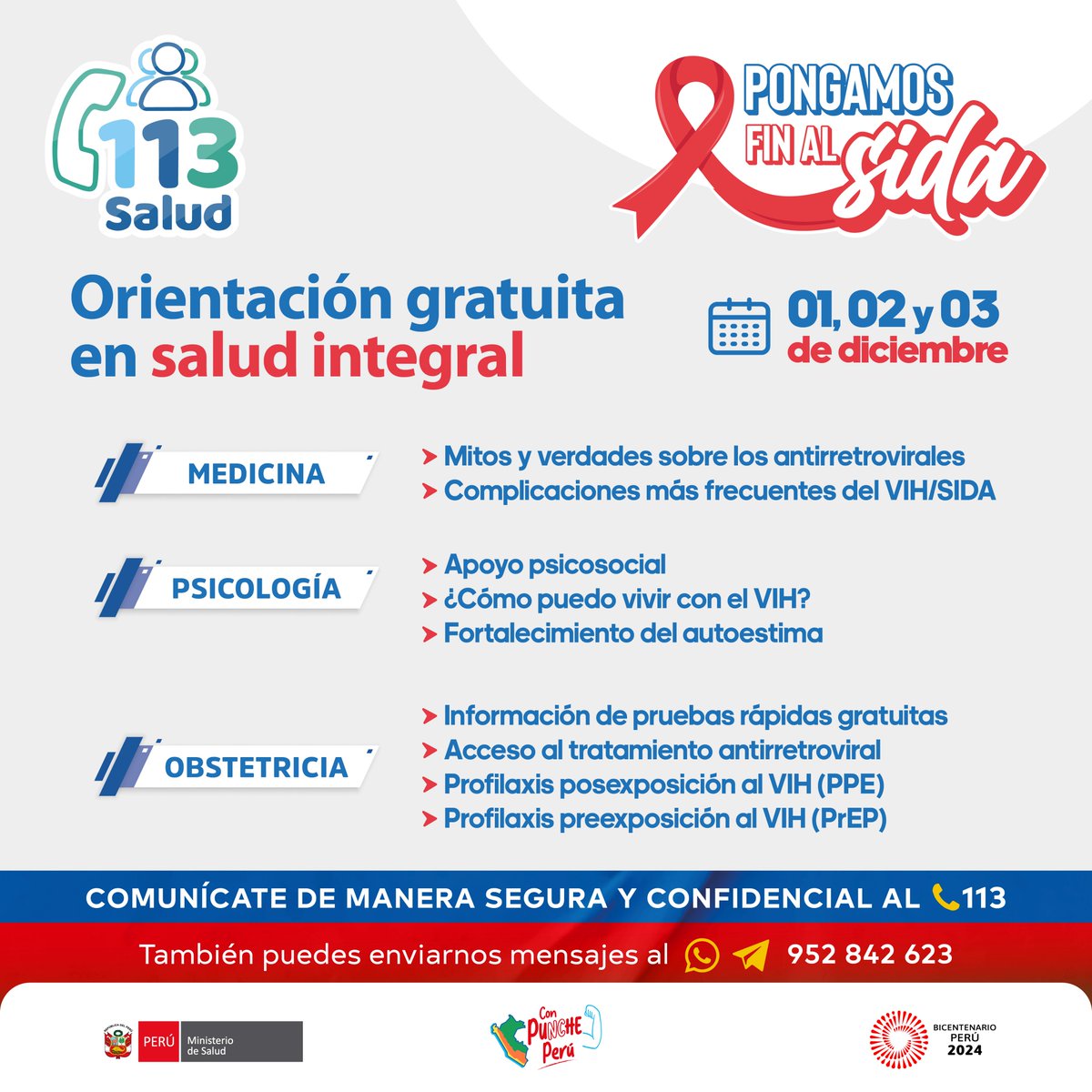 Minsa_Peru's tweet photo. La prevención constituye la primera línea de defensa contra el #VIH. Llama gratis al 113, opción 3, desde cualquier parte del país. 🙌 https://t.co/yToNsyXuu6