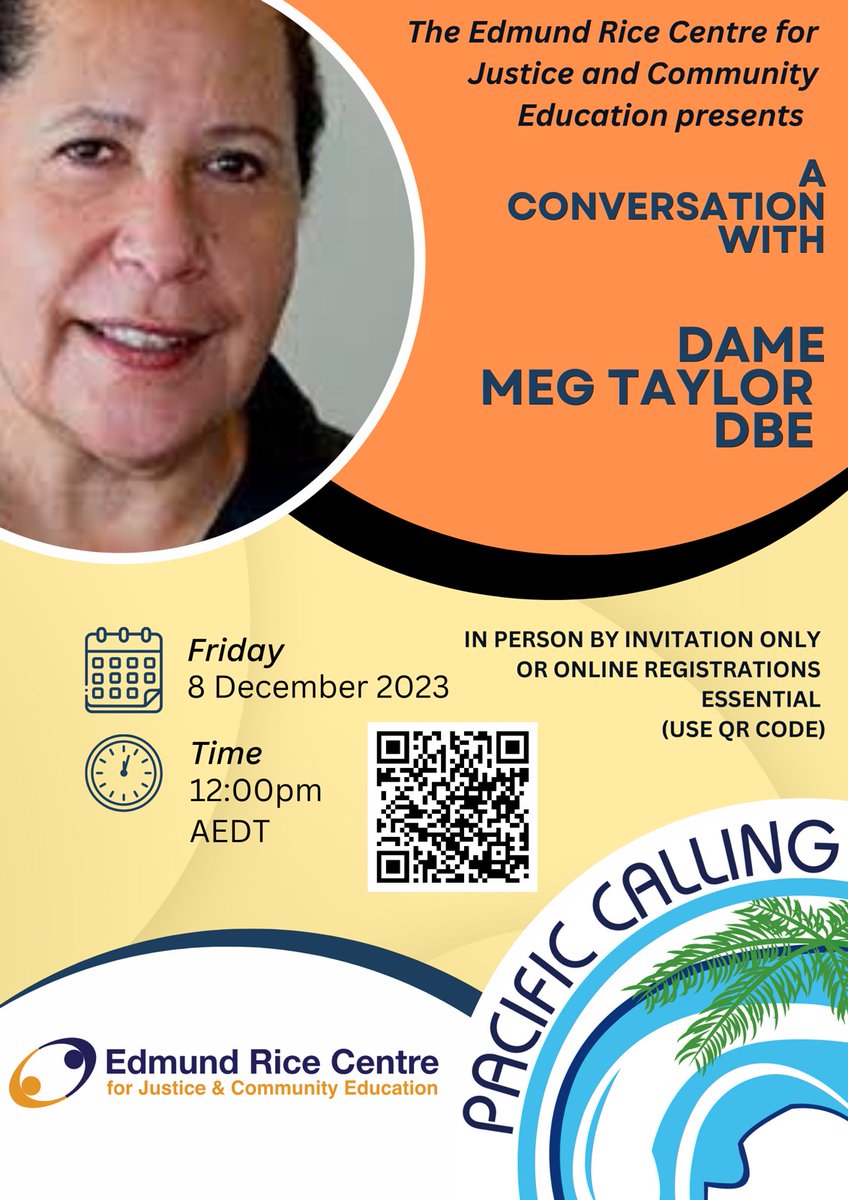 Please join us for an address on emerging Pacific priorities by Dame Meg Taylor, former Secretary-General of the Pacific Islands Forum + member of @PacificElders . Friday 8 December 12pm AEDT, RSVPs essential at erc.org.au/events @ERCAus @CANPacificIs