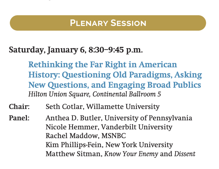 I've been meaning to mention that I'll be at the AHA meeting in San Fran in January—slightly intimidating to be on this panel with actual historians, but it should be a lot of fun. Would love to meet up with any @KnowYrEnemyPod listeners there! I'm sure I'll post up at some bar