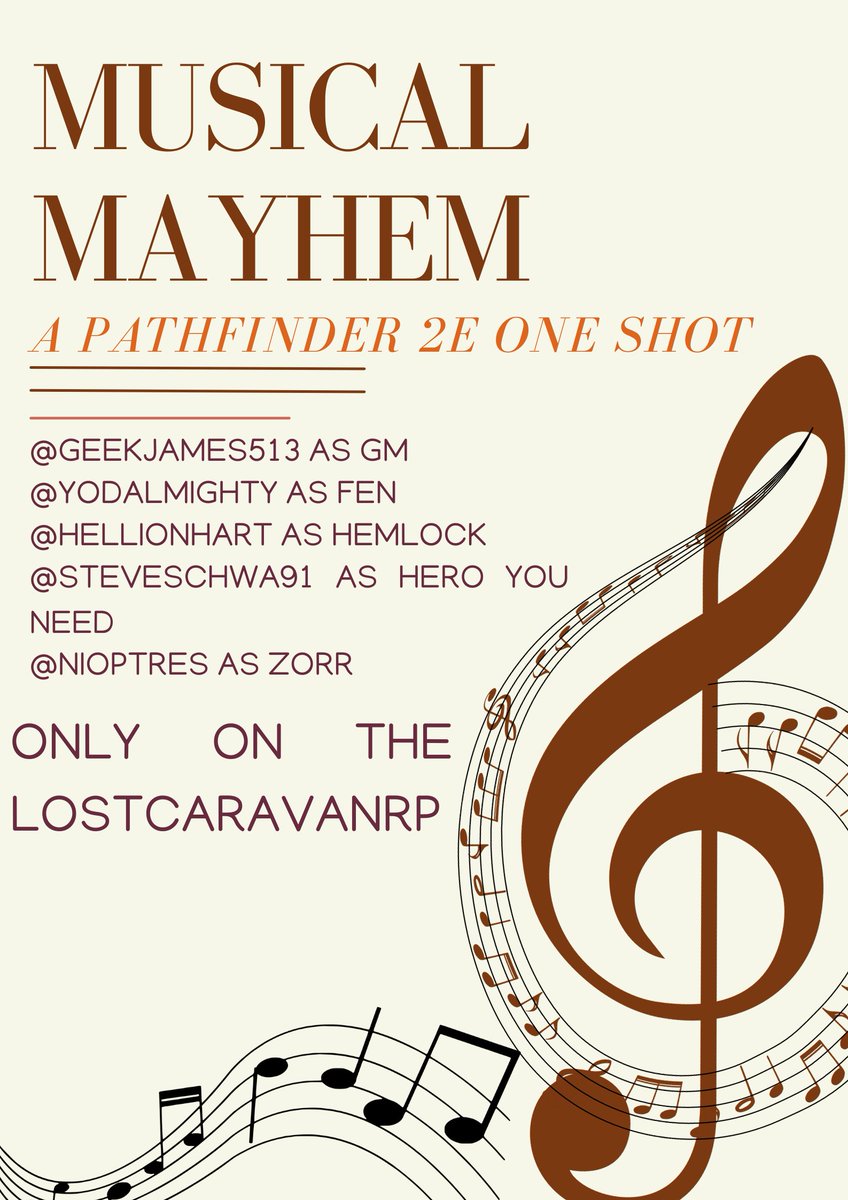 "Music Is Chaos !!!"

Time for some musical mayhem in some #Pathfinder2e !!! 

Guest GM: <a href="/geekjames513/">James Beck/Osiris|Eldritch Osiris Games</a> 
Starring: @hellionart <a href="/SteveSchwa91/">Steven Schwartz</a> niop &amp; yoda!