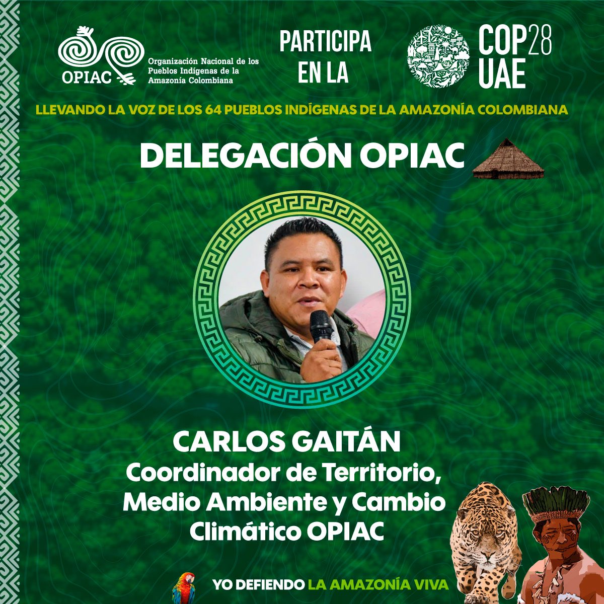 📢 Nuestra delegación oficial para la #COP28.🛖🌎 🌿 Oswaldo Muca: Coordinador General de OPIAC. 🌿 Ginny Alba: Secretaria Técnica de la Comision de Derechos Humanos de los Pueblos Indígenas. 🌿 Carlos Gaitán: Coordinador de Territorio Medio Ambiente y Cambio Climático de OPIAC.