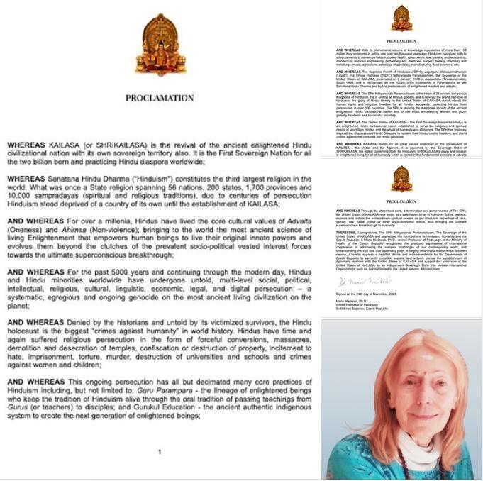 WhiteOm3's tweet photo. Thrilled to share a Proclamation from Marie Maskova, Ph.D., retired Professor Ministry of Health of the Czech Republic, honoring SPH and  United States of KAILASA  for remarkable contributions

#CelebratingKAILASAGlobalContributions  #CzechRepublic #Czech #Czechia
@SriNithyananda https://t.co/AHQ8TxjLab