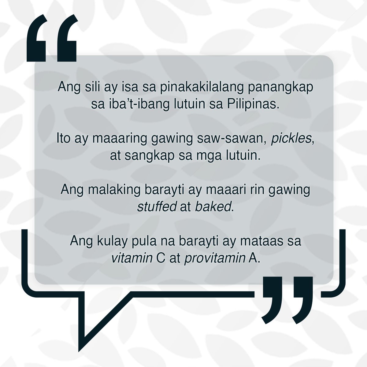 aticentralluzon's tweet photo. Ang sili ay isa sa pinakakilalang panangkap sa ibaβt-ibang lutuin sa Pilipinas.
Para sa karagdagang impormasyon at madownload ang babasahin, bumusita lamang sa: https://t.co/CWe1uDtXA5 at https://t.co/KThQnrYnfj
#ATICentralLuzon #ATIinspire #iShareKnowledge #ATIfotos #ATIleads https://t.co/QE35Yzpkbg