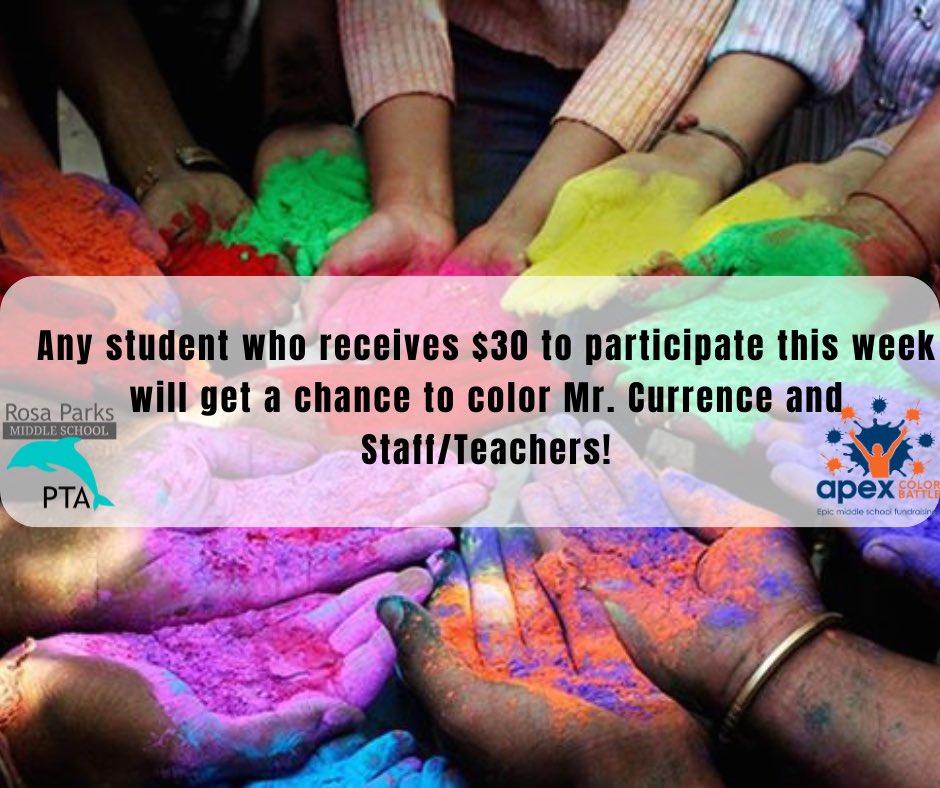 RPMSPTA's tweet photo. 🙌 Lunchtime was so fun today w/ the Apex team! 
Color MY Principal. Any student that receives a donation by this Friday will throw color on Mr. Currence (and some surprise guests)after their lunch period.  The top 2 tap classes in each grade will watch it happen.  
Go Dolphins!! https://t.co/sYzS0DFBnH