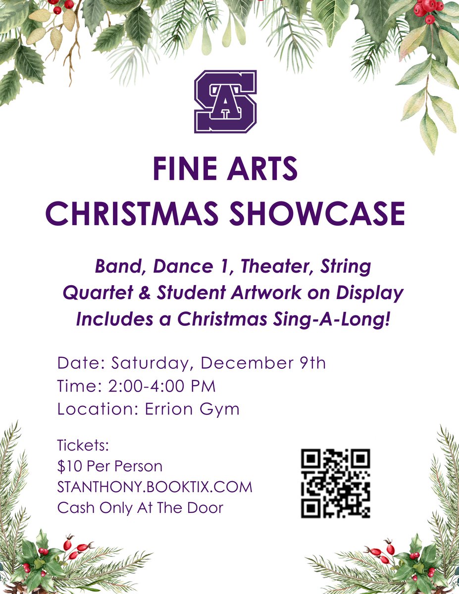 Mark your calendar! Please join the Fine Arts Department for its annual Christmas Showcase on December 9th at 2:00 pm! The show will feature student performances and student artwork. Come join our Christmas Sing-A-Long! Buy your tickets now.