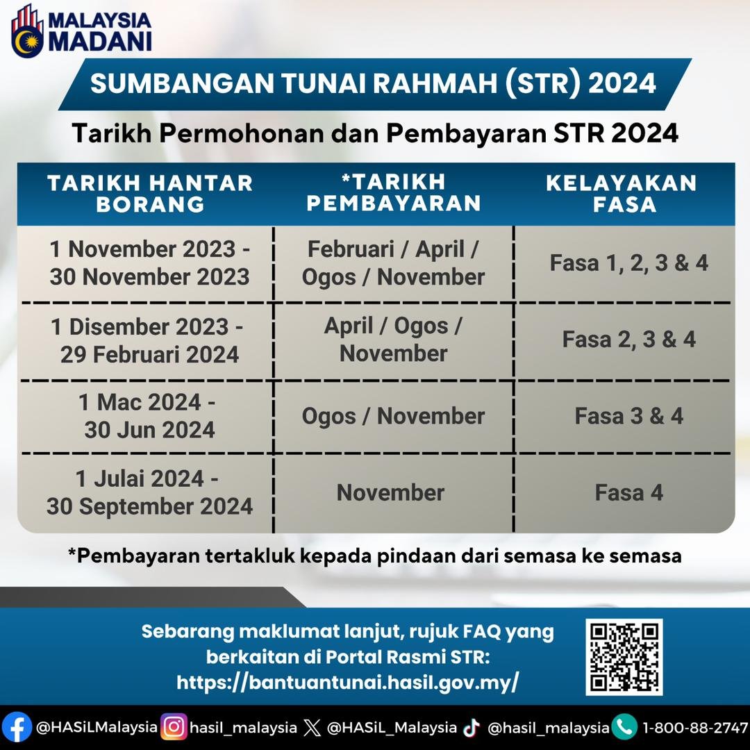 HASiLMalaysia's tweet image. SUMBANGAN TUNAI RAHMAH (STR) 2024 : TARIKH PERMOHONAN DAN PEMBAYARAN STR 2024
bantuantunai.hasil.gov.my