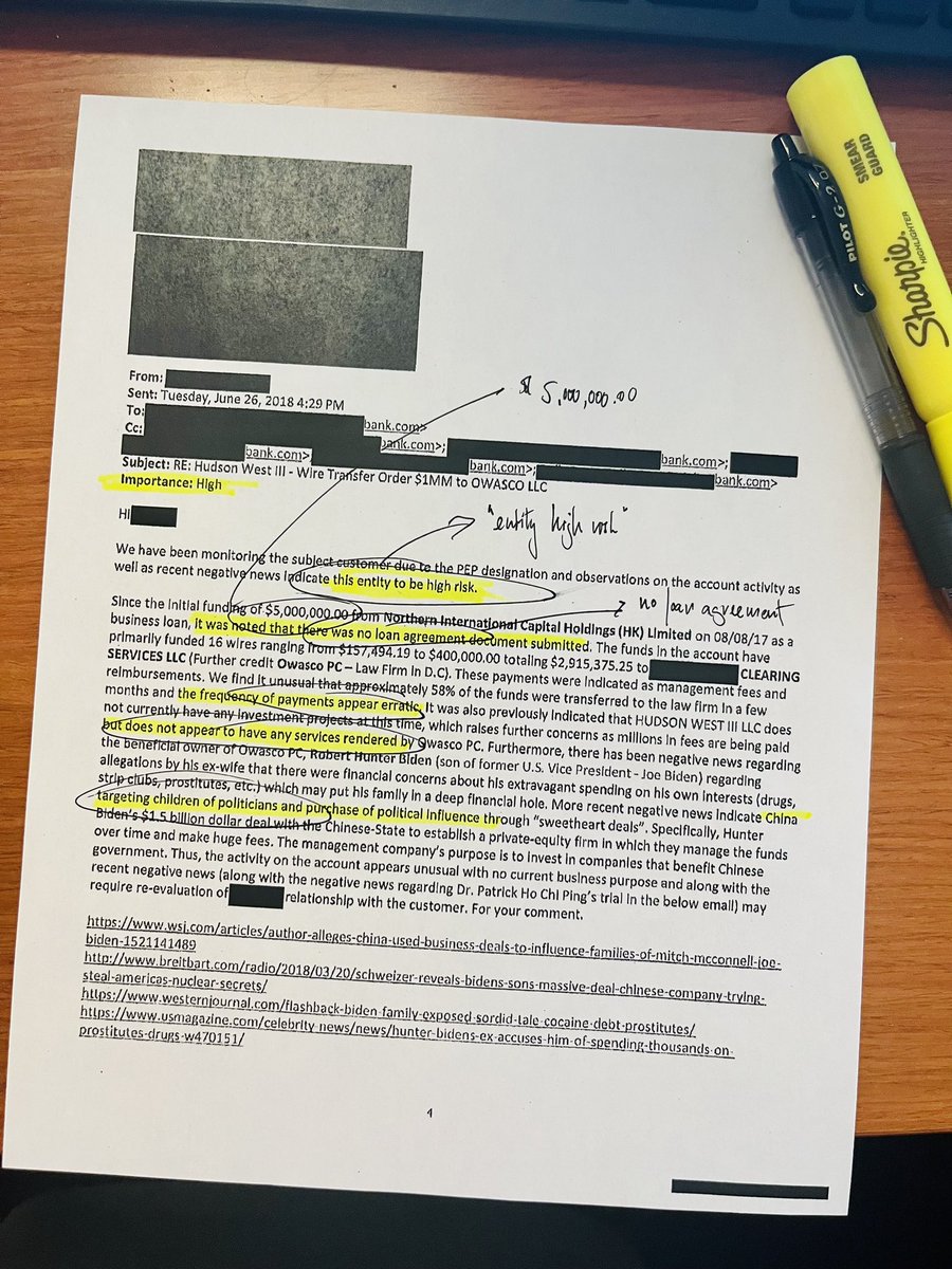 C__Herridge's tweet image. Bank record from @GOPoversight probe of Hunter Biden, Biden family foreign business deals. Described as email from money laundering investigator,“payments appear erratic,” “does not appear to have any services rendered,” “no current business purpose,’ + “China target[s] children…