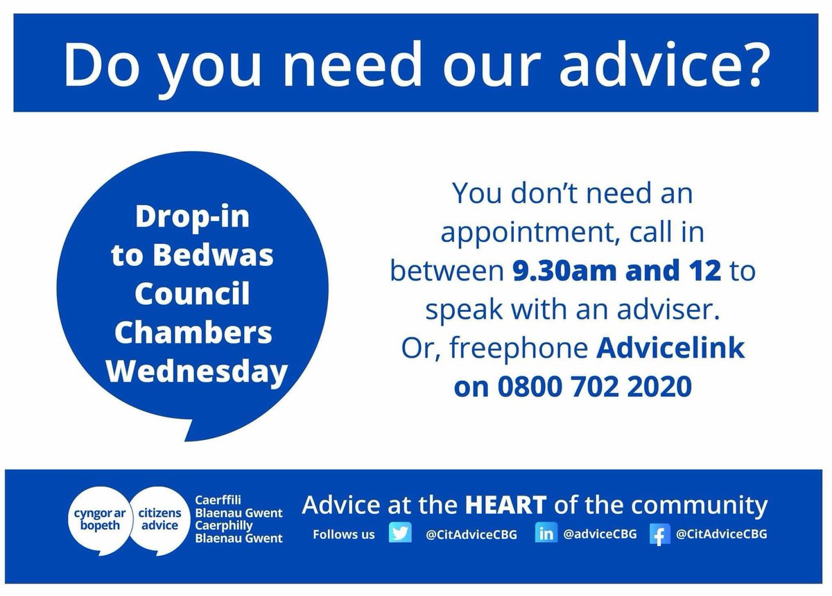 McConAmanda's tweet image. 📣 Citizens Advice - Bedwas 📣
If you have a problem and don’t know what to do, drop-in to see Citizens Advice at Bedwas Council Chambers, between 9.30am and 12pm every Wednesday #AdviceCBG #BTMarea
#DisabledAccess #Chamber #Community #BTMCouncilOffices @CitAdviceCBG
