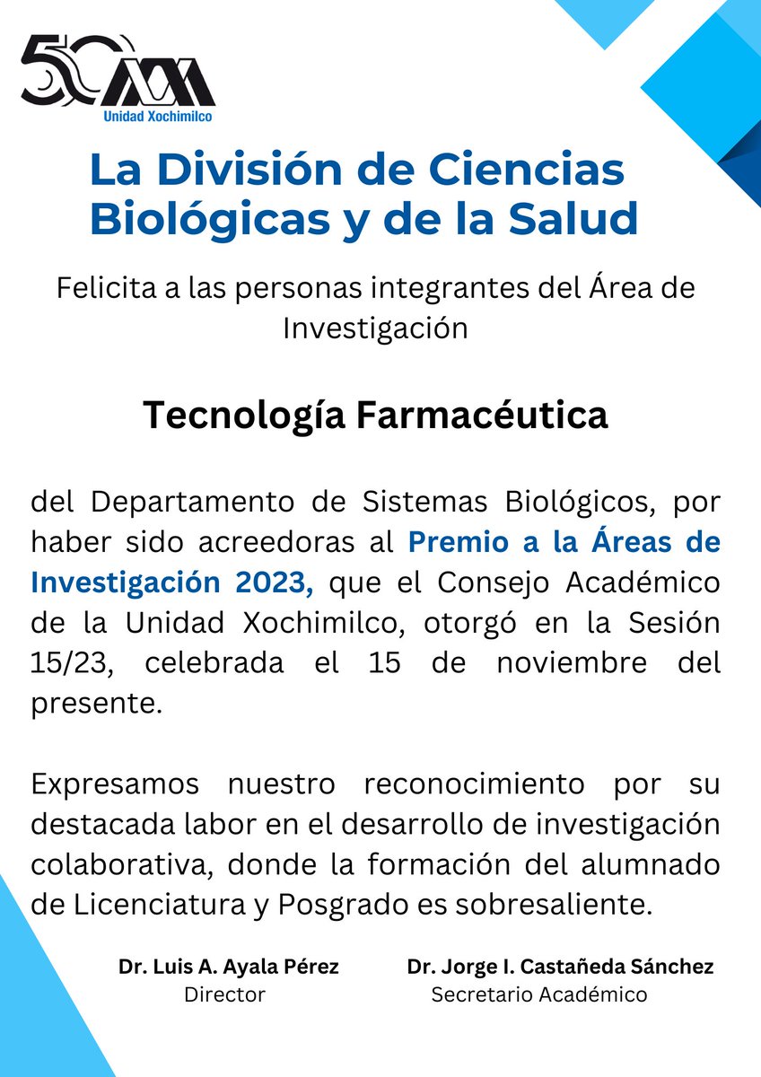 La División de Ciencias Biológicas y de la Salud felicita a las personas integrantes del Área de Investigación Tecnología Farmacéutica del Departamento de Sistemas Biológicos, por haber sido acreedoras al Premio a las Áreas de Investigación 2023. 🤗
#uamdivisióncbs #UAMXochimilco