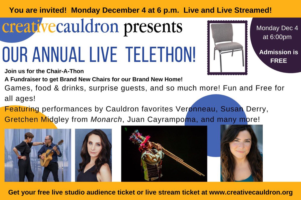 Our free and fun annual telethon is Dec 4 at 6 pm. Free tix for live studio audience and live streaming at creativecauldron.org