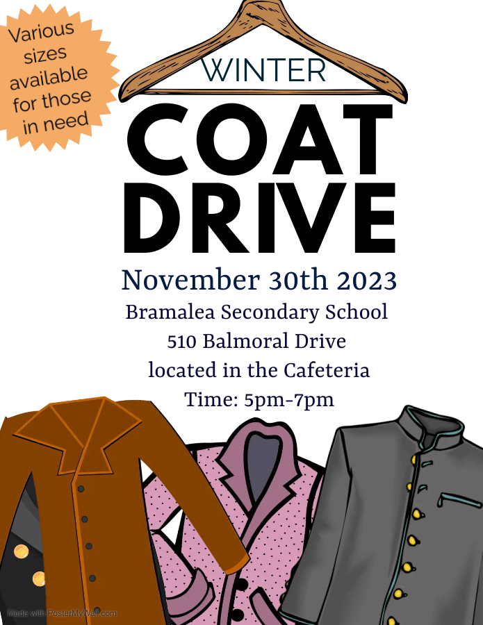 Winter Coat Drive at Bramalea SS, Thurs.Nov.30th 5-7pm. GENTLY WORN • VARIOUS SIZES AVAILABLE FOR FREE TO ANYONE IN NEED