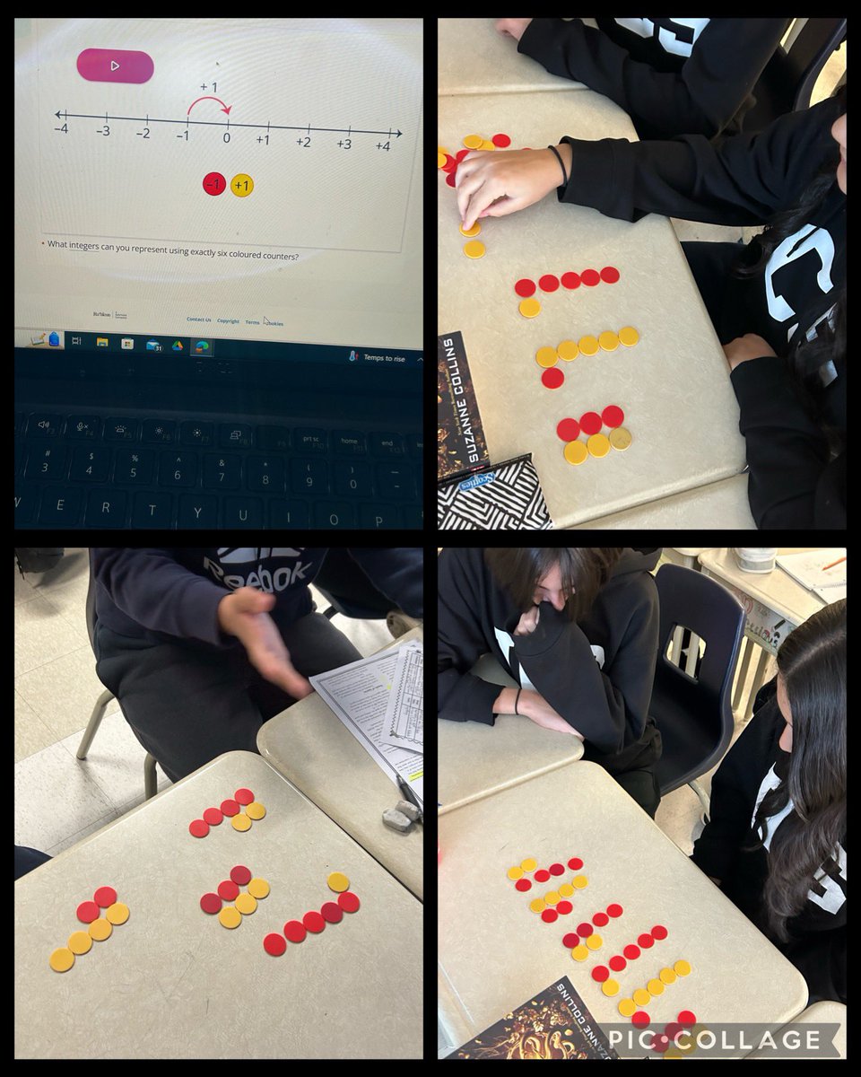 MirellaDev's tweet photo. MathUp 3 part lesson in Ms. Dorego’s class @ICCS0281. MindsOn - Exploring integer representations using different #s of counters. Action - using counters to model complex representations of integers. Deliberate Practice - using online activities from #MathUp. #coplan #coteach https://t.co/yhVnWVhova
