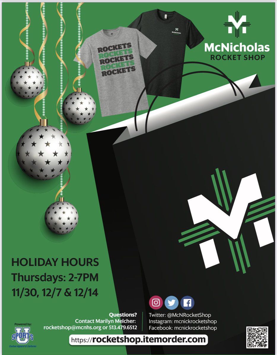 Don’t forget our 💚HOLIDAY❤️ extended hours start tomorrow from 2-7pm! So many new things have come in ready to be wrapped under your tree! Stop in &amp; grab some gifts &amp; remember, both the girls/boys basketball seasons are kicking off so grab that ROCKET swag!! Happy Shopping 🛍️🧑🏻‍🎄