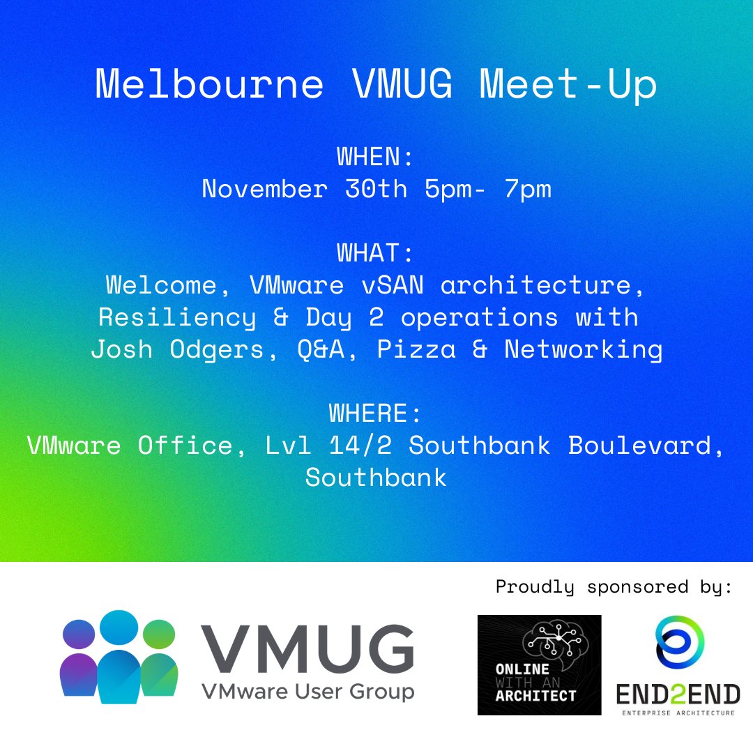 #VMUG Melbourne happening at 5pm today.

Register here ▶️my.vmug.com/s/community-ev…

Join the discussion on VMware #vSAN architecture, Resiliency & Day 2 operations.

We look forward to seeing you there!

#vmware #networking #melbourne #resiliency #broadcom #solutionsarchitect