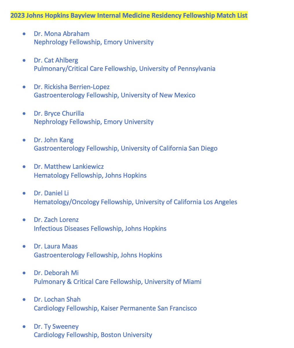 Congratulations to our amazing Johns Hopkins Bayview residents who matched today for fellowship! We are so proud of you and your future programs are lucky to have you joining their team!!! #BayviewLove