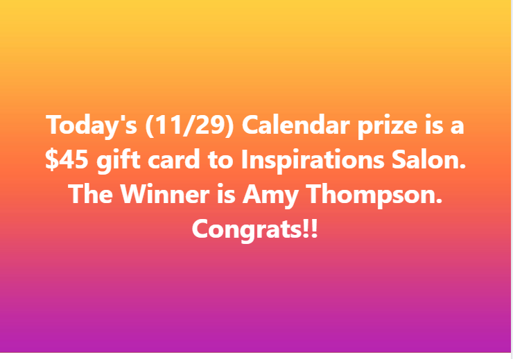 Today's (11/29) Cash Calendar winner is...