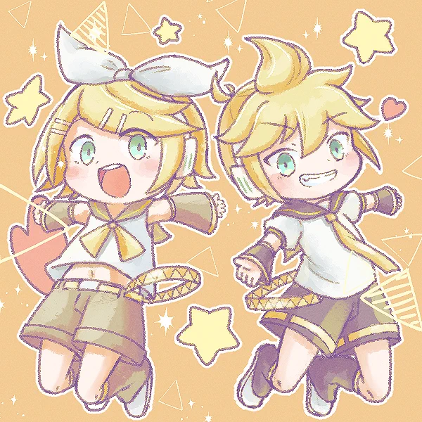 丙1さんのデフォルメリンちゃんとレンくん!元気いっぱい、ポップでキュートな雰囲気が素敵だホー!°˖☆◝(⁰▿⁰)◜☆˖°【】 #piapro #鏡音リン #鏡音レン