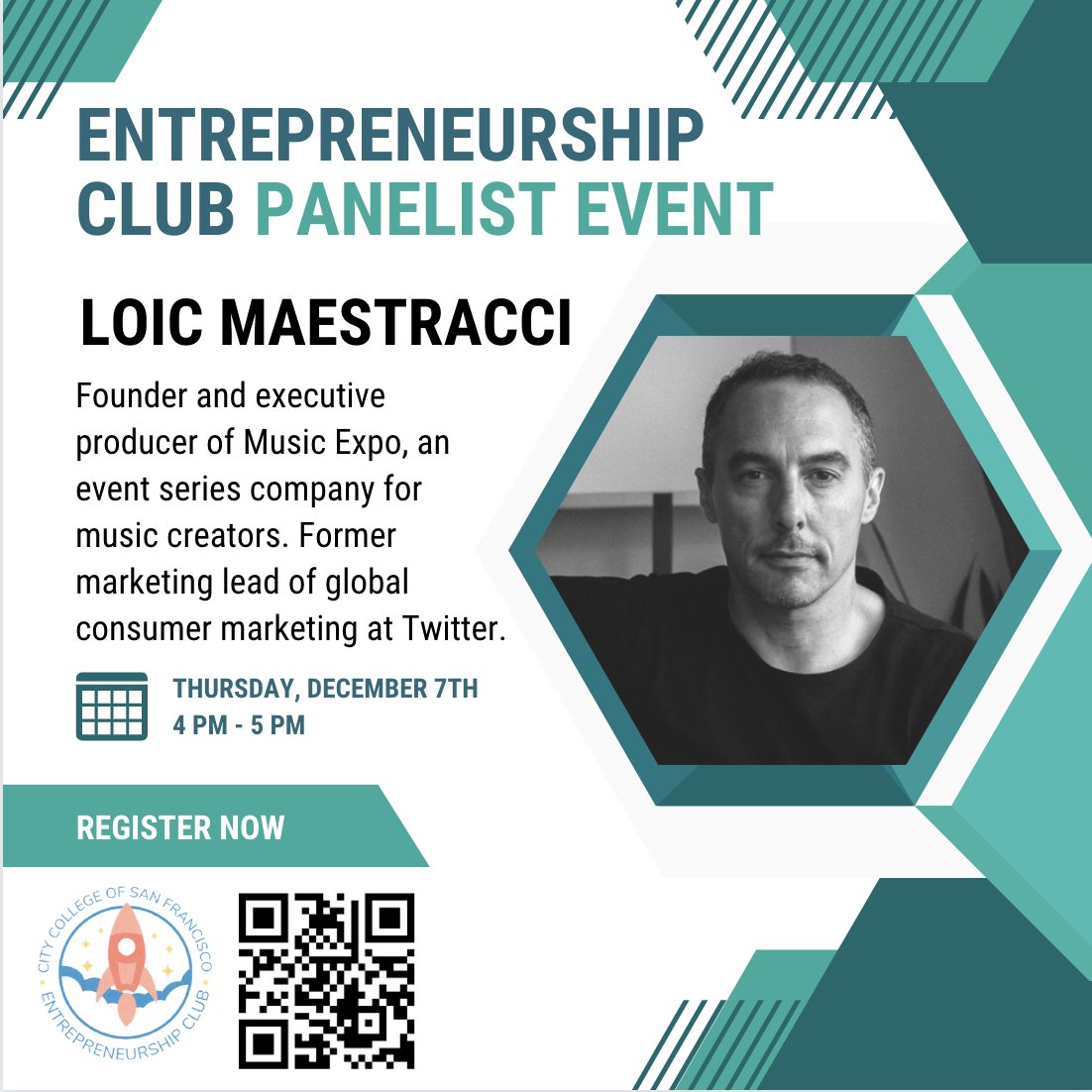CEIatCCSF's tweet photo. Come and join us at CCSF Entrepreneurship Club's first panelist event, featuring the inspiring guest speaker, Loic Maestracci, the founder of Music Expo. Gain insights, ask questions, and network with a leader who's shaped the music and marketing worlds. https://t.co/99UKrowDDf