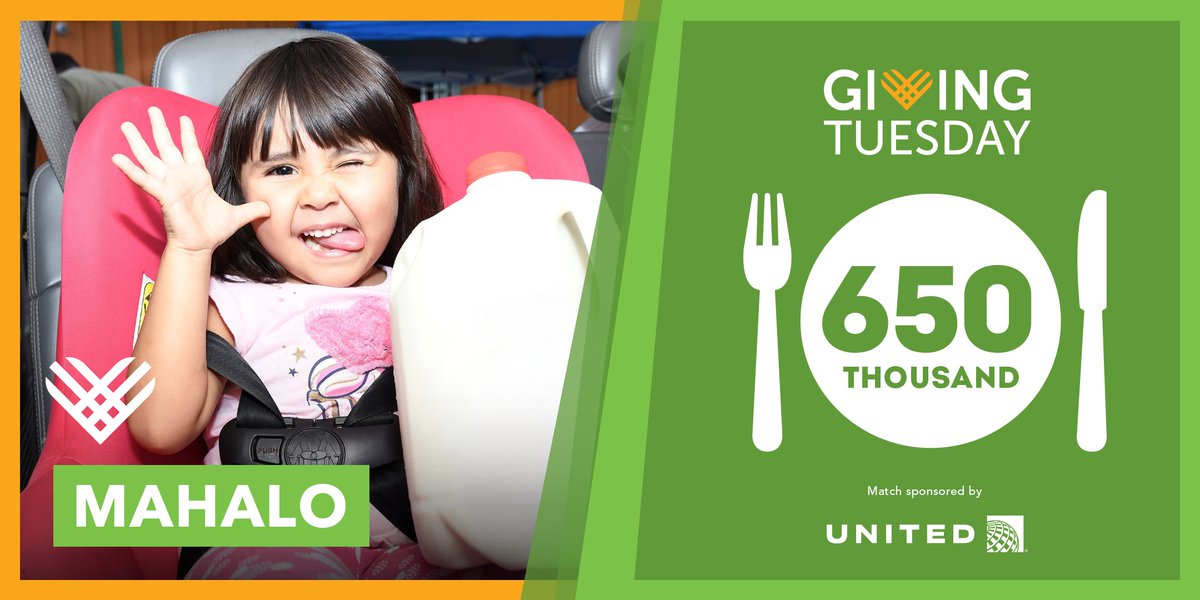 The genuine outpouring of support we received yesterday on #GivingTuesday was incredible. Thanks to you, we exceeded the double match goal sponsored by @United. Collectively, our community raised enough to provide food for nearly 650,000 meals! 🍽 From all of us, mahalo.