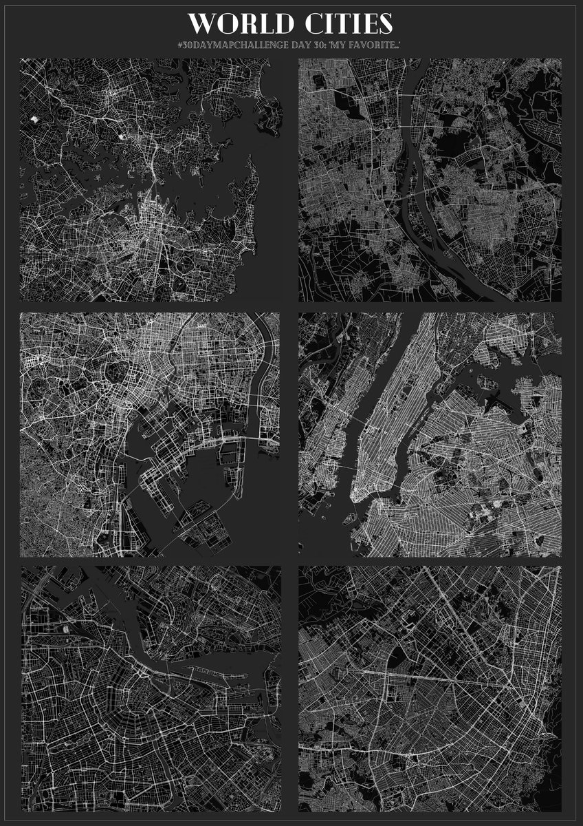 Obiiin's tweet photo. The last day of the #30DayMapChallenge

As l love road networks, for the final day I have created maps of six cities: Amsterdam, Bogota, Cairo, New York, Sydney and Tokyo.

Can you guess which one is which?

Day 30: "My favourite..."

#Day30 #GIS #mapping #dataviz #cities https://t.co/tI2rGpOIEU