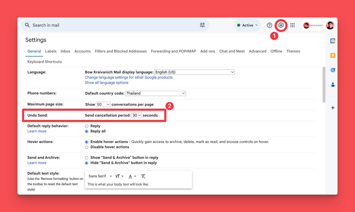 BowKraivanich's tweet image. ใครเคยกดส่งอีเมลแล้ว แล้วนึกขึ้นได้ว่า
- ลืมแนบไฟล์
- พิมพ์ผิด
- ลืม cc
- ไม่ส่งแล้วดีกว่า!

แต่กว่าจะรู้ตัว ก็สายเสียแล้วว 😩

ใครใช้ Gmail ตั้งค่า undo ได้ตั้งแต่ 5-30 วิ
นี่ default มา 5 วิ แต่ไม่เคยพอ
ตอนนี้เลยตั้งไปยาวๆ 30 วิ
ส่งเสร็จ มีเวลานั่งทบทวนยาวๆ 😁