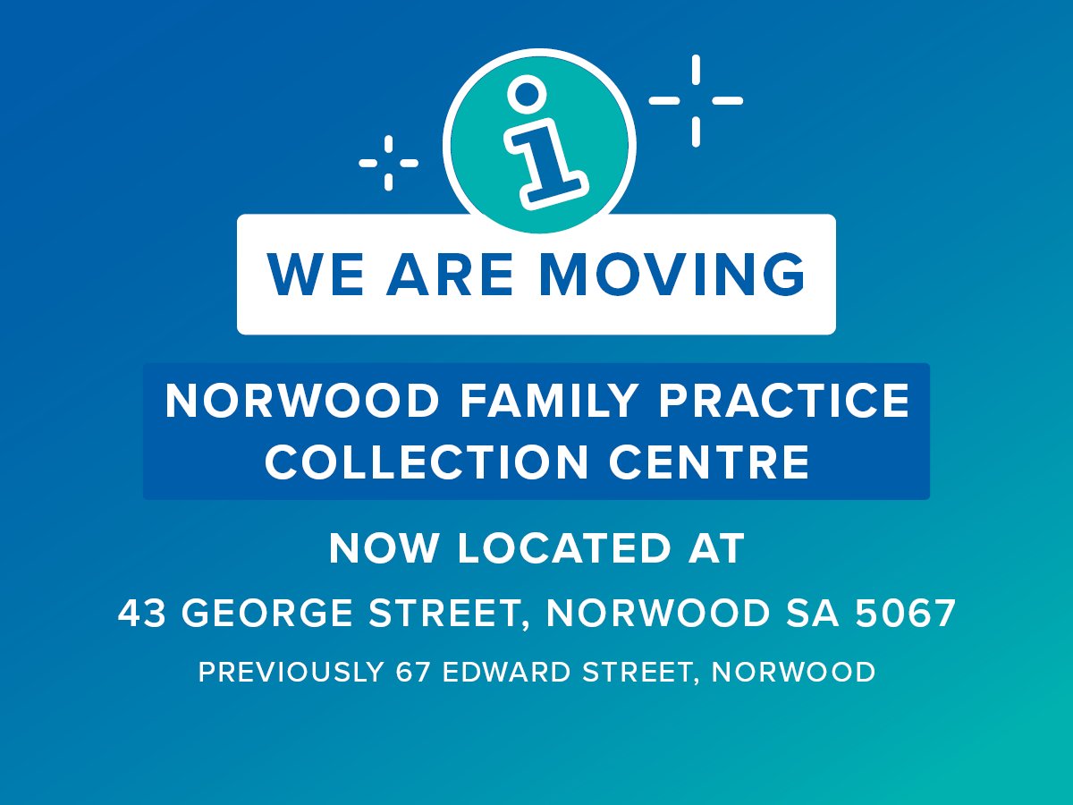 We're moving! 
Our collection centre at Norwood Family Practice is relocating to 43 George Street Norwood.
We'll reopen at 8am on Monday at our new location.
Need a pathology test? Head to a collection centre near you ➡ bit.ly/CollectionCent…