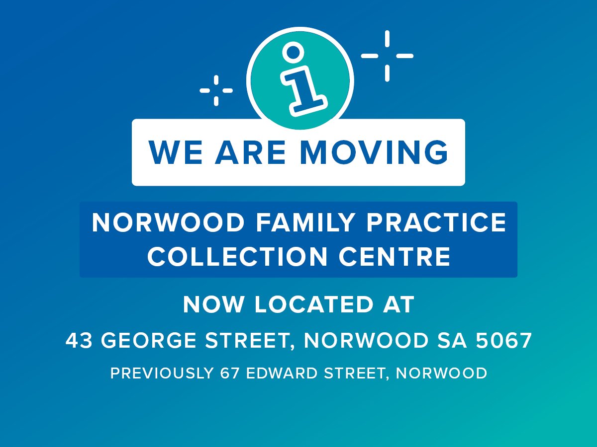 We're moving! Our collection centre at Norwood Family Practice is relocating to 43 George Street Norwood. We'll reopen at 8am on Monday at our new location. Need a pathology test? Head to a collection centre near you ➡ bit.ly/CollectionCent…