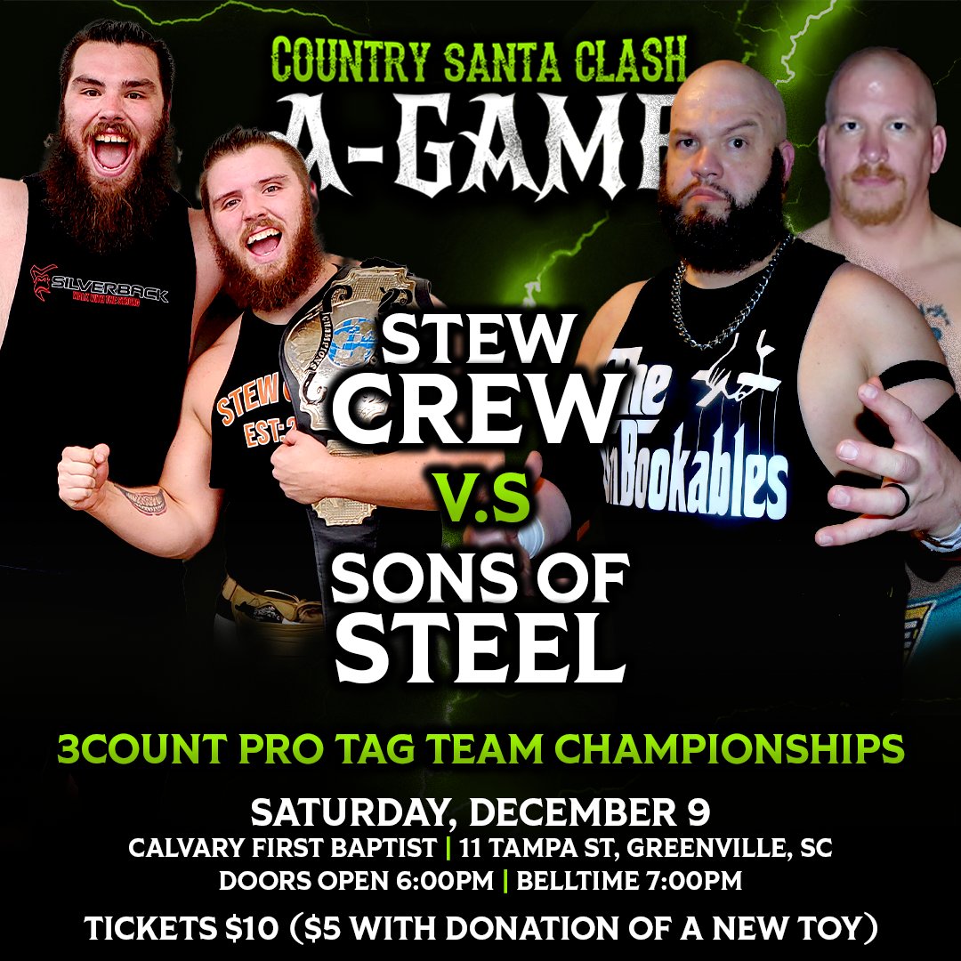 3CountPro's tweet image. ⚡ MATCH ANNOUNCEMENT ⚡

As announced earlier this evening by Commissioner Boomer Payne, and chosen in a completely random and legitimate way: The Stew Crew will be defending their 3Count Pro Tag Team Championships against the Sons of Steel on December 9 at Country Santa Clash.