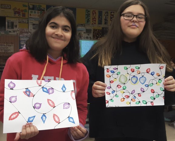 This week in Art Club we used oil pastels and blending techniques to create the glow of holiday lights! Myla and Makayla never disappoint! <a href="/NMSViking/">Mr. Buterbaugh NMS</a> <a href="/pdsdsuper/">Dr.George Steinhoff</a> <a href="/NorthleyMS/">The Northley Viking</a>  @MrsGordon_ART
