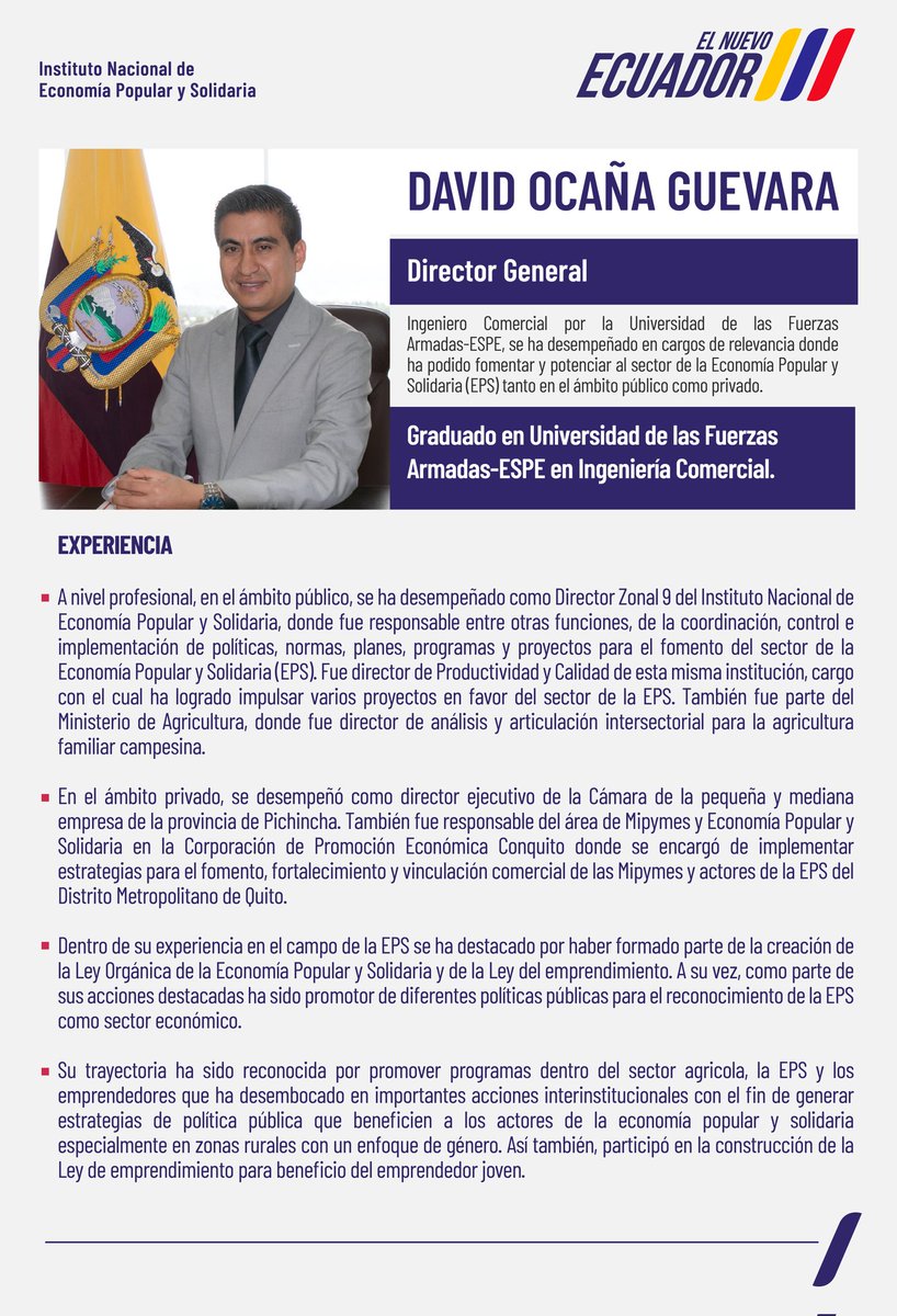 IEPS_Ec's tweet photo. Damos la bienvenida a nuestro nuevo Director General, David Ocaña (@EDavidOcanaG), quien desde territorio trabajará en la consolidación de las actividades económicas y productivas del sector de la #EPS.

#ElNuevoEcuador 
#SomosEPS https://t.co/ZtQjgnLQ6z