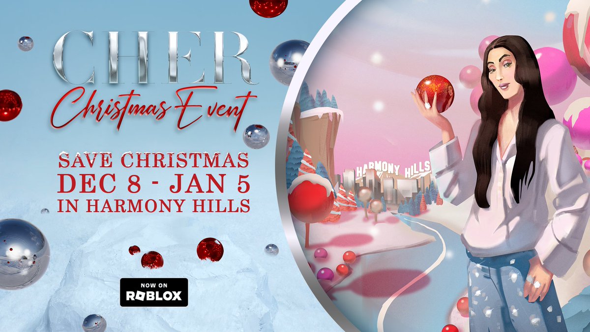 Can you BELIEVE?! ✨<a href="/CHER/">Cher</a> is coming to #Roblox! Join us for CHER-mas 🎄as we celebrate her new “Christmas”  album release in Harmony Hills, starting Fri. 12/8! Event will include new Holiday locations and decorations ❆⛄, new CHER-inspired Limited UGC rewards 🎁 AND all-new CHER