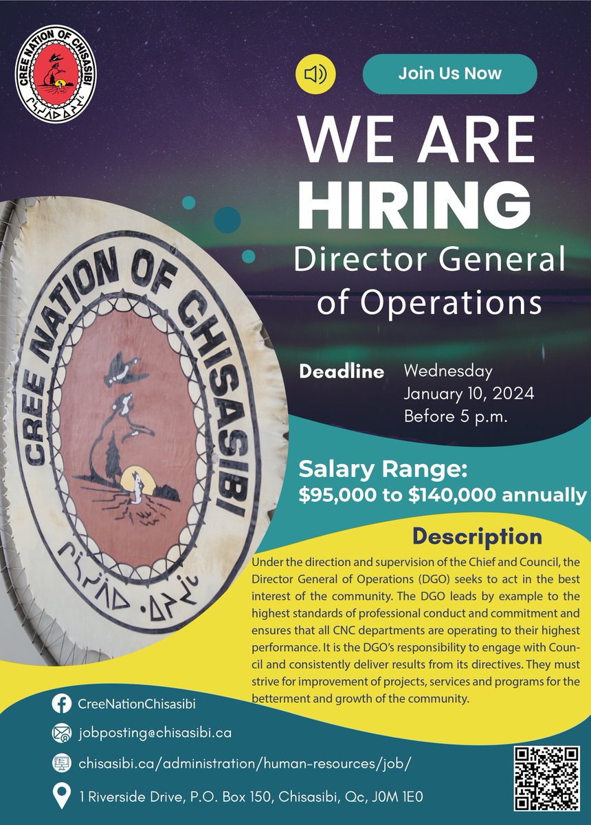 The CNC seeks a Director General of Operations to serve his/her community. If you feel like taking up a new challenge, submit your candidacy before January 10, 2024, at 5 p.m. For more details about the posting, visit chisasibi.ca/administration…