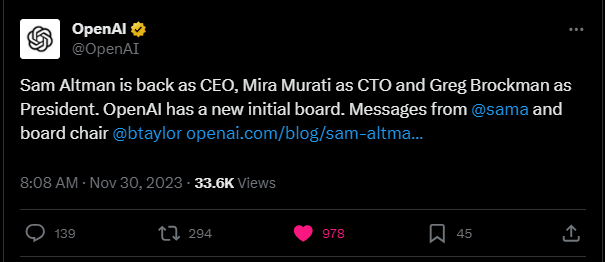 🔥News: #SamAltman is back as CEO, #MiraMurati as CTO and #GregBrockman as President. 👀

🔥Inseparable position 👀👀