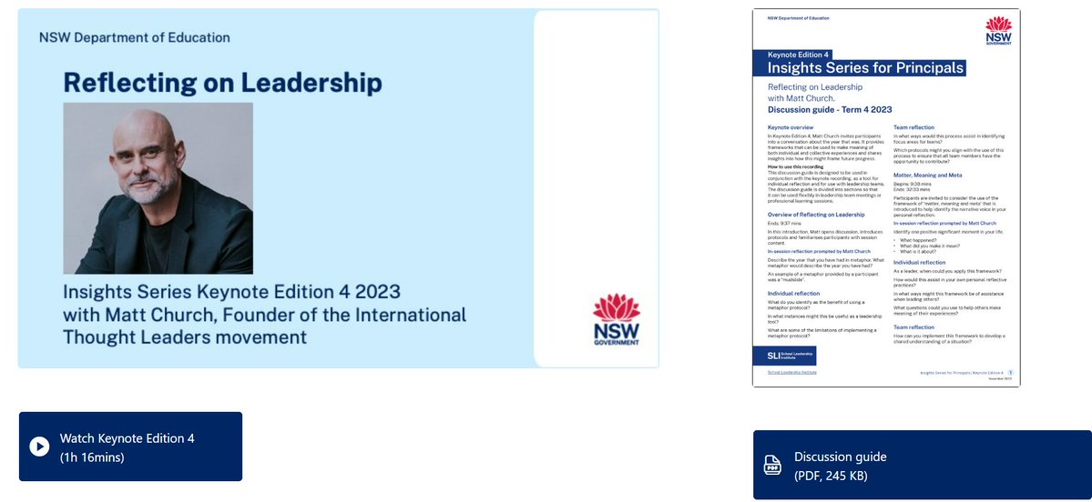 NSWSLI's tweet photo. The final Insights Keynote for 2023 is now on our Principal Leadership Hub! @mattchurch shares tools and frameworks for reflecting on your leadership this year. The're also a discussion guide for leaders  to work through individually or in teams.
Watch 👇
https://t.co/JJ5rx1bd9J https://t.co/eAToehlQ7v