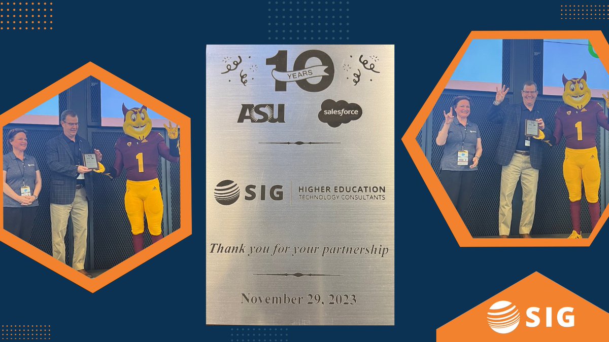SIGCorpLIVE's tweet photo. So proud to partner with @salesforce, helping improve outcomes for the #students, families, and faculty of @ASU. #ASUGlobalReach #higheredtechnologyconsulting #salesforceconsulting #salesforcepartner #salesforceforeducation #higheredtechnologyconsulting #Sparky #ASUmascot https://t.co/1meeyBDBYV