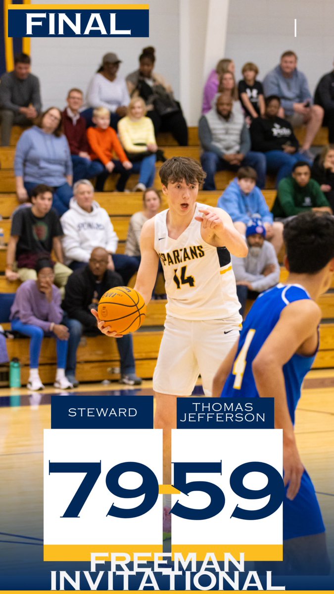 StewardSpartans's tweet photo. 🏀Final Score🏀

The #Spartans improve to 2-0 with a win over Thomas Jefferson and advances to the finals of the Freeman Invitational!

🔹Donovan Richardson ‘25: 22 points
🔹Owen Gray ‘24: 21 points 

#Gospartans #804Varsity @henricosports https://t.co/a5QrYV1eRL