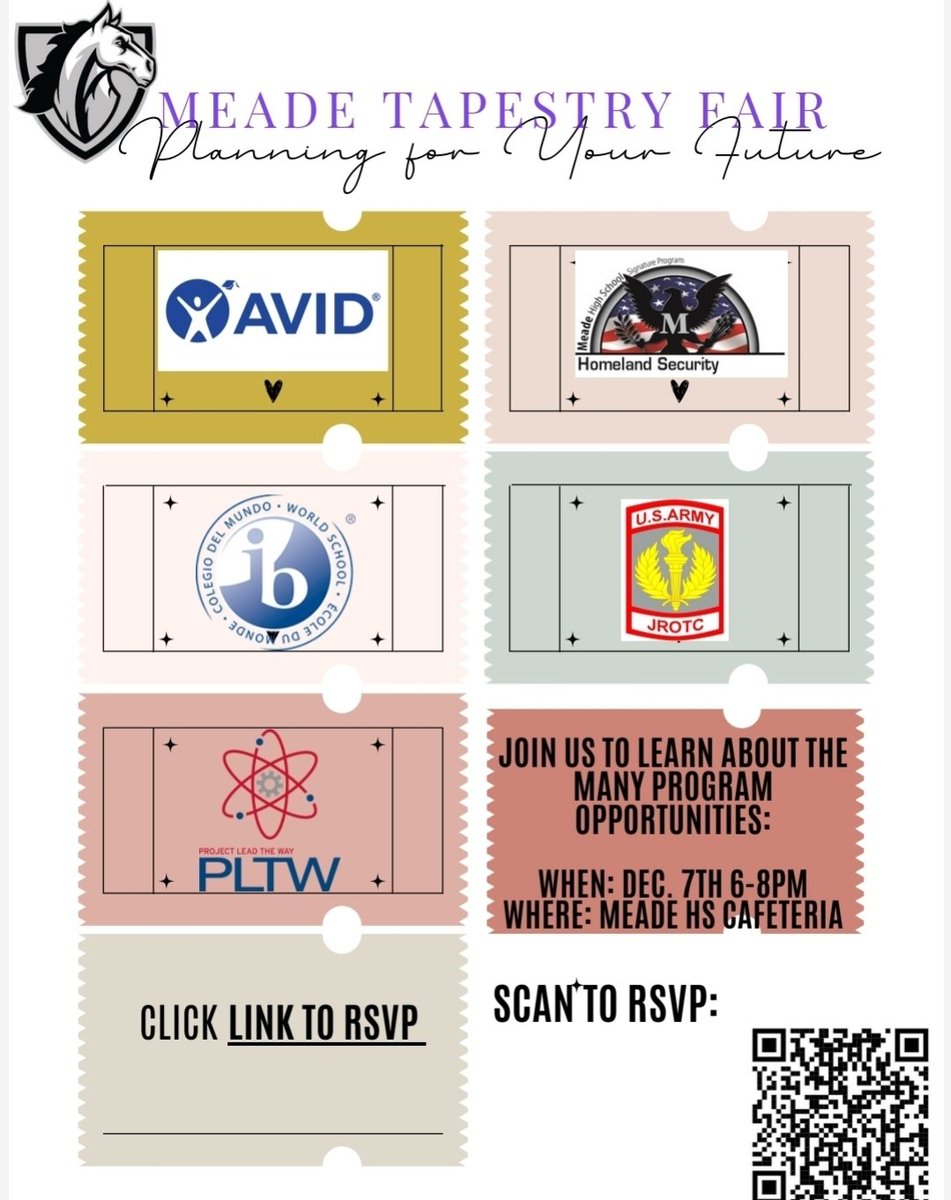 Happy to announce that we will be hosting a Tapestry Fair on December 7th. We are looking forward to welcoming our current 9th grade and 10th grade families as well as our incoming 9th grade families. Come learn about all of the AMAZING opportunities we have. #gomustangs #meade