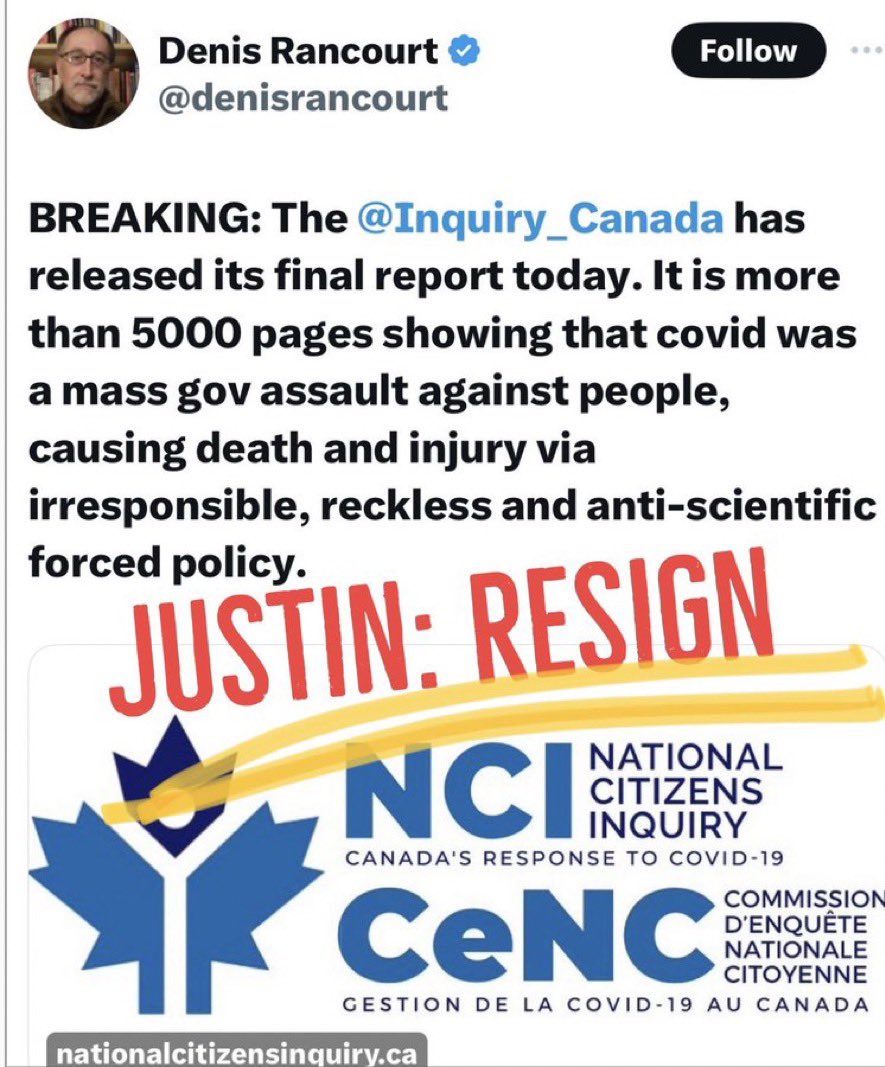 TheoFleury14's tweet photo. I’m thinking there should be a few arrests happening after this came out today. Absolute epic failure by the government in every department in protecting the citizens of Canada. Negligence. Remember when they roll out plandemic 2 do no comply.  @denisrancourt @Inquiry_Canada https://t.co/45xefawrL7