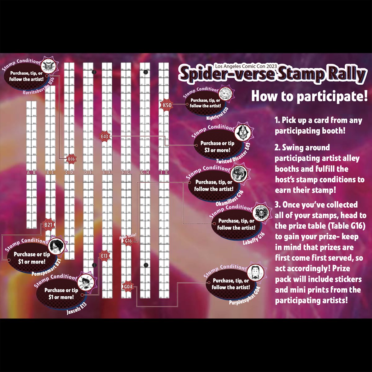 purpleceline's tweet image. Going to #LACC this weekend? We got you a SPIDER-VERSE stamp rally with cute prize items  :) I'm 1 of 8 participating artists -- @pomspomart @kurritoburrito @jaxcels @Twist3dDisast3r @purpleceline @okamillust _labuffy_ (on IG) @Nightly_Valle #spiderverse #milesmorales #spiderpunk