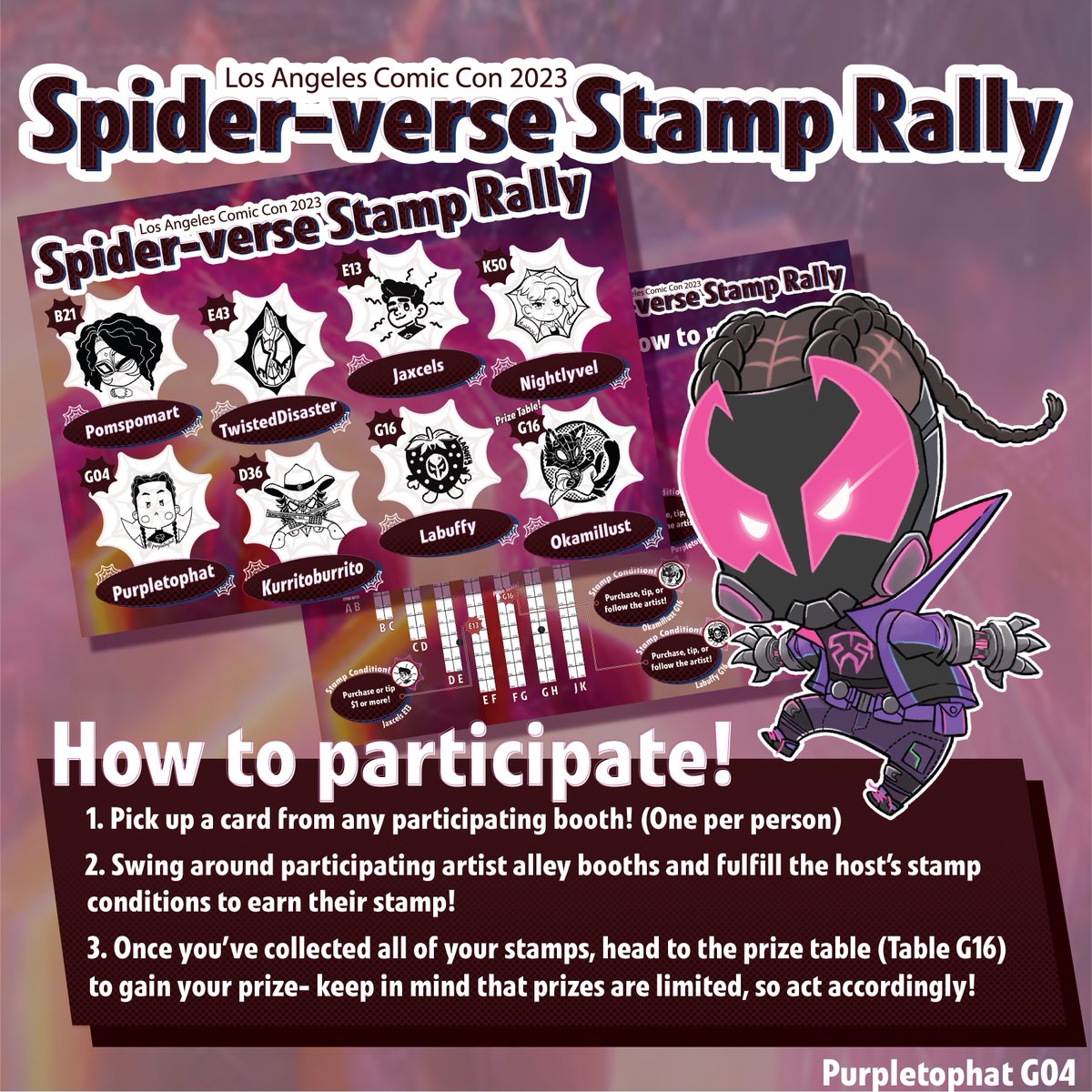 purpleceline's tweet image. Going to #LACC this weekend? We got you a SPIDER-VERSE stamp rally with cute prize items  :) I'm 1 of 8 participating artists -- @pomspomart @kurritoburrito @jaxcels @Twist3dDisast3r @purpleceline @okamillust _labuffy_ (on IG) @Nightly_Valle #spiderverse #milesmorales #spiderpunk