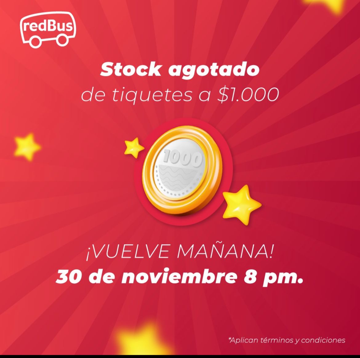 PreciosSubida's tweet photo. Nos reportan que @redBus_co sacó una promoción en la que supuestamente ofrecían tiquetes de bus a $1000 con un código que publicarían hoy 29 de Noviembre a las 8:00 pm, sin embargo, la plataforma no funcionó y sospechosamente a los pocos minutos "ya se había terminado el stock". https://t.co/wJnC9hwlhb