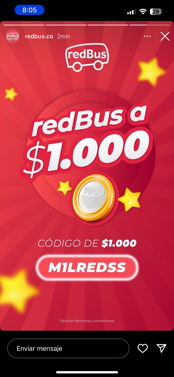PreciosSubida's tweet photo. Nos reportan que @redBus_co sacó una promoción en la que supuestamente ofrecían tiquetes de bus a $1000 con un código que publicarían hoy 29 de Noviembre a las 8:00 pm, sin embargo, la plataforma no funcionó y sospechosamente a los pocos minutos "ya se había terminado el stock". https://t.co/wJnC9hwlhb