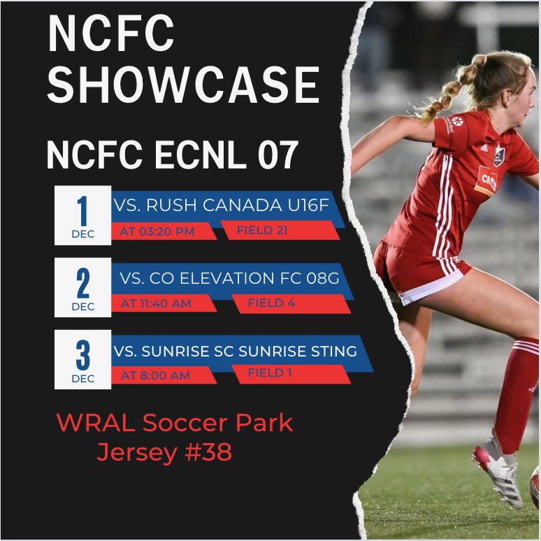 Excited to play this weekend at the NCFC Showcase with my team. Come watch us play December 1-3! 
<a href="/NCFC_ECNL07g/">ℕℂ𝔽ℂ 𝕐𝕠𝕦𝕥𝕙 𝔼ℂℕ𝕃 𝟘𝟟 𝔾𝕚𝕣𝕝𝕤</a> <a href="/NCFC_ECNLGirls/">NCFC ECNL Girls</a> <a href="/ImCollegeSoccer/">College Soccer Truth ™</a> @IYouthSoccers <a href="/PrepSoccer/">Prep Soccer ⚽️</a> #NCFCShowcase